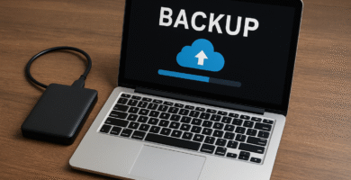 Computador realizando backup com HD externo e nuvem na tela